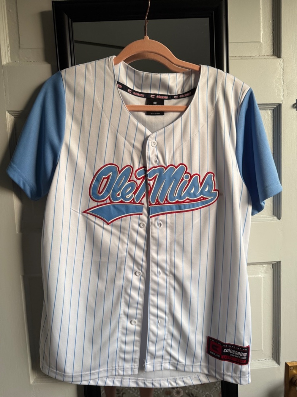 Colosseum White Jersey with Light Blue and Red Ole Miss Script